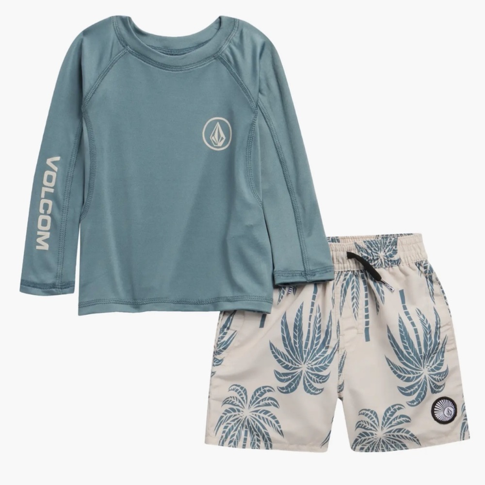 Volcom NWT Kids Teal Rash Guard with Cream Palm-Print Swim Shorts